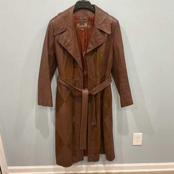 country pacer Jackets & Blazers - Vintage Womens Long Leather Suede Patchwork Trench Coat Size 16 Western Cowboy